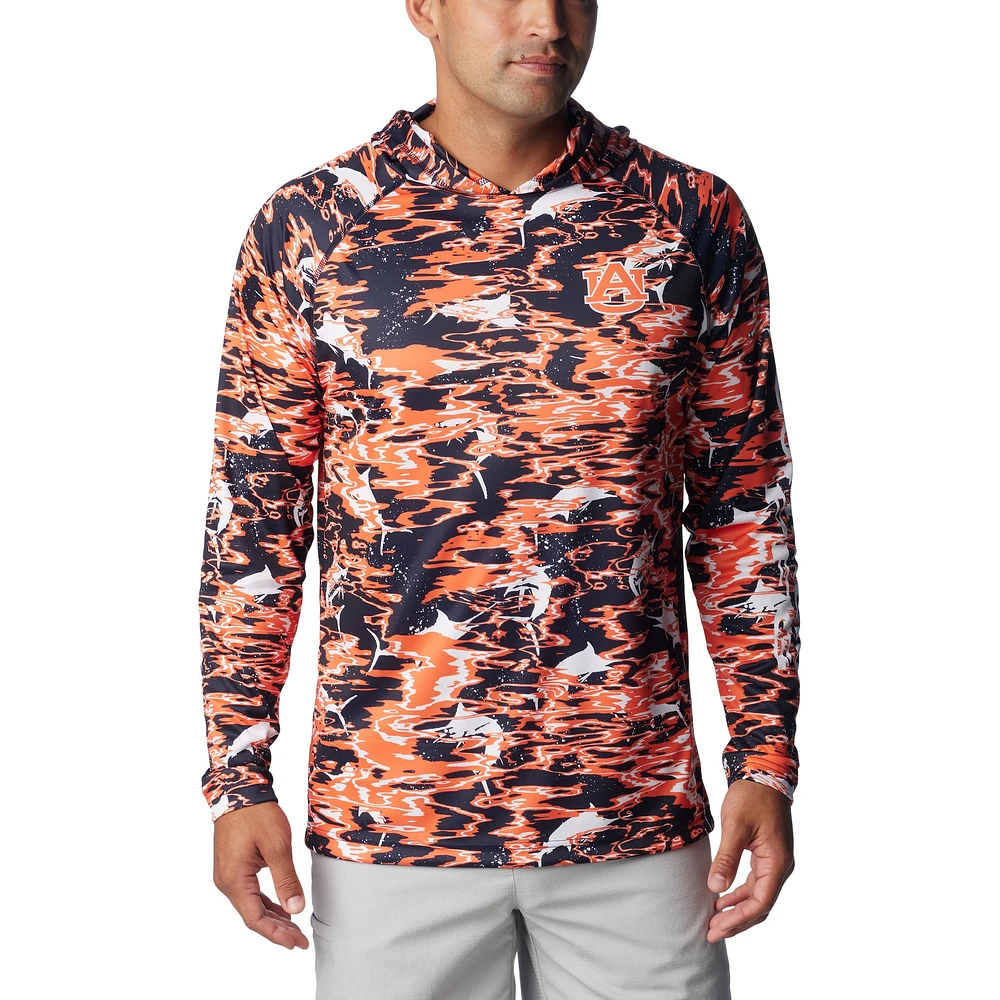 Men's Columbia Navy Auburn Tigers PFG Terminal Tackle Omni-Shade Rippled Long Sleeve Hooded T-Shirt