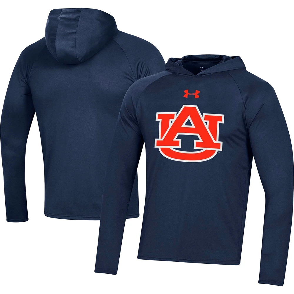 Men's Under Armour  Navy Auburn Tigers School Logo Raglan Long Sleeve Hoodie Performance T-Shirt