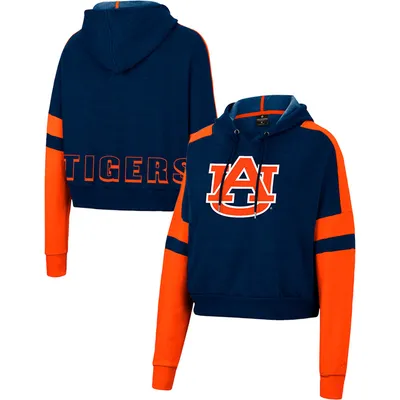 Auburn Tigers Colosseum Women's Throwback Stripe Arch Logo Cropped Pullover Hoodie - Navy