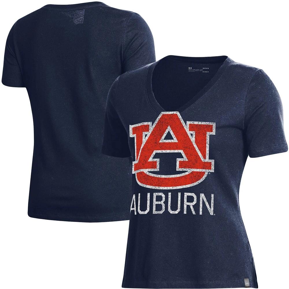 T-shirt à col en V Under Armour pour femme bleu marine Auburn Tigers Logo Performance