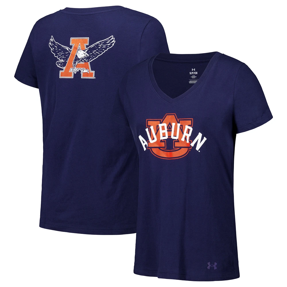 T-shirt à col en V avec logo Auburn Tigers bleu marine Under Armour pour femme