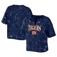 Women's WEAR by Erin Andrews Navy Auburn Tigers Bleach Wash Splatter Cropped Notch Neck T-Shirt