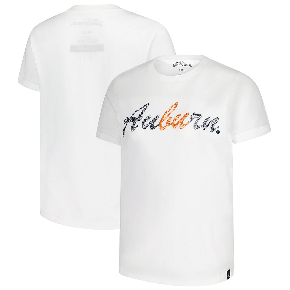 T-shirt pour femme avec inscription en perles cousues à la main White Auburn Tigers