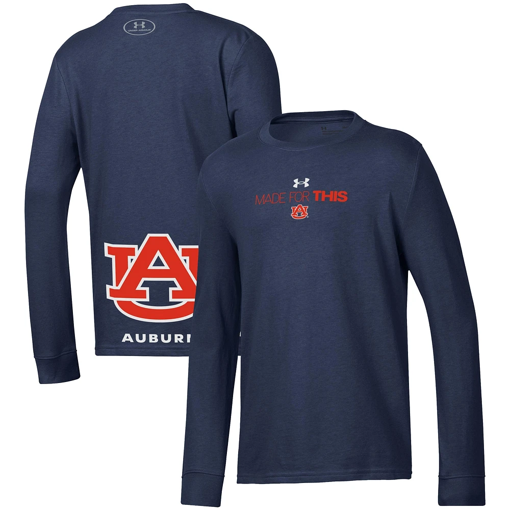 T-shirt à manches longues Under Armour Auburn Tigers 2024 On-Court Bench Unity Performance pour jeune, bleu marine