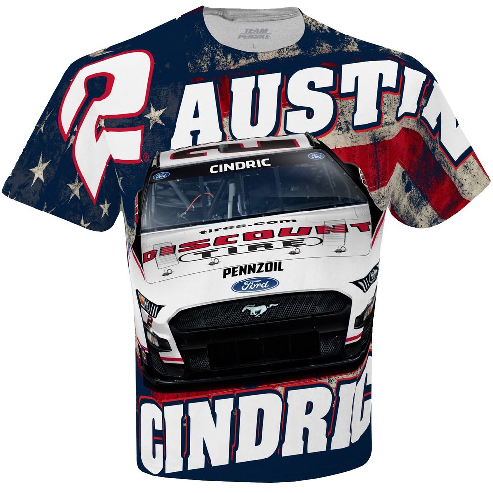 Men's Team Penske White Austin Cindric Discount Tires Sublimated Patriotic Total Print T-Shirt