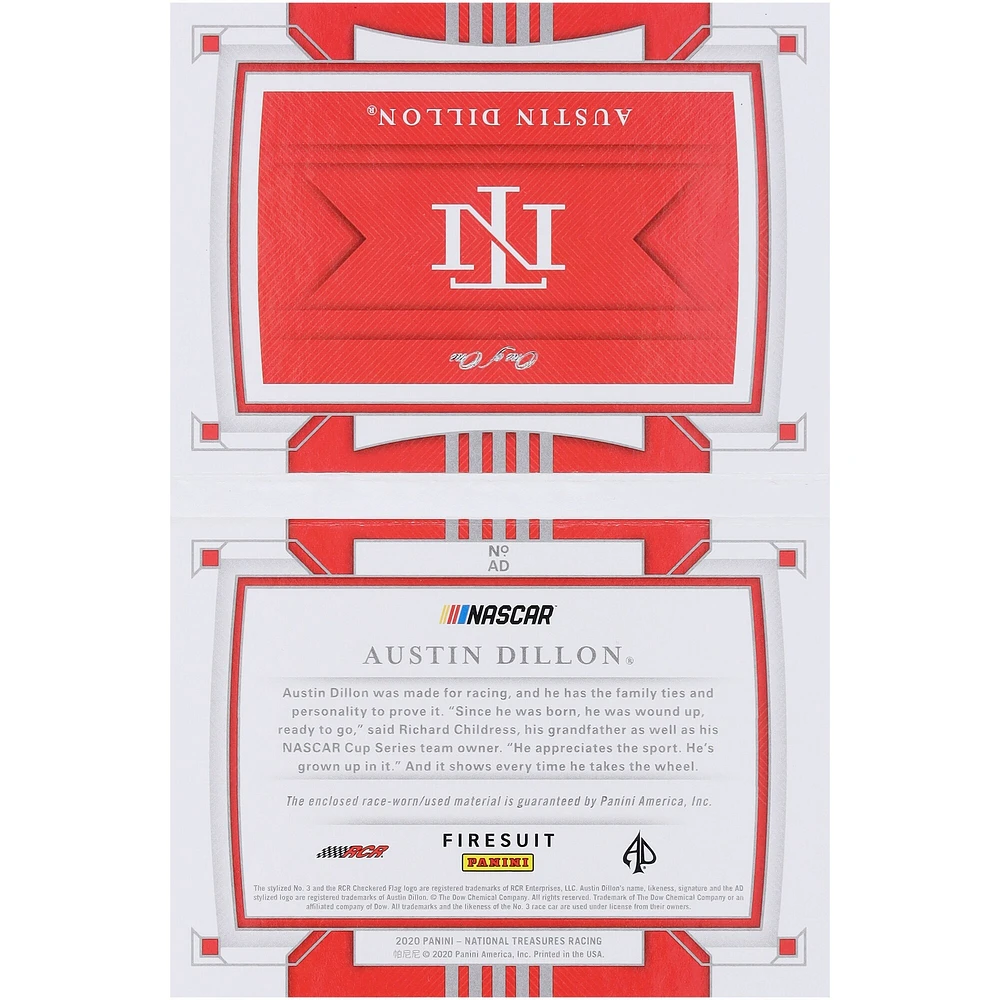 Livret d'occasion de la course Panini National Treasures 2020 d'Austin Dillon Relic #AD #1/1 Card