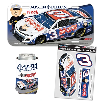 WinCraft Austin Dillon Toys For Tots Ensemble de trois refroidisseurs de canettes, plaque d'immatriculation et trois autocollants pour ventilateur