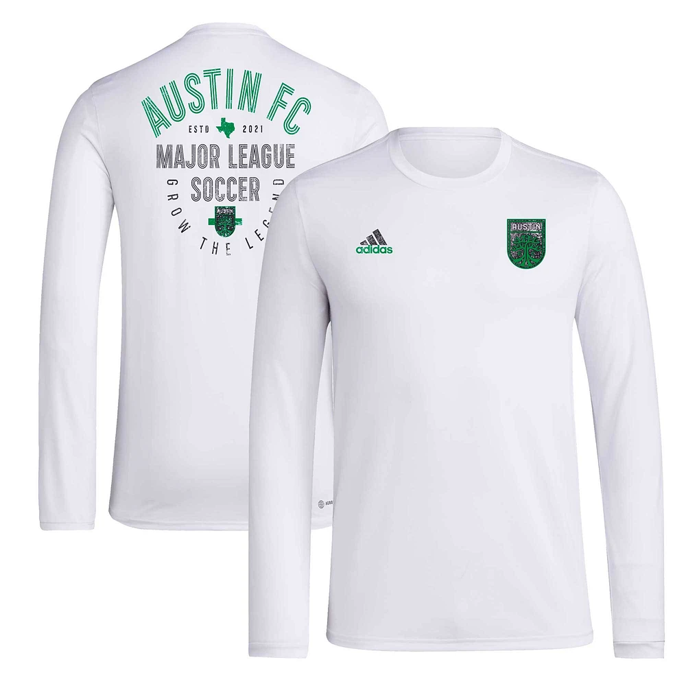 T-shirt adidas Austin FC Local Stoic à manches longues pour hommes, blanc