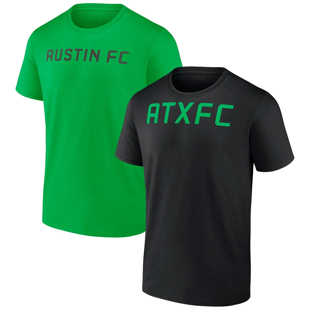 Ensemble de deux t-shirts joueur Fanatics pour hommes, noir/vert, Austin FC