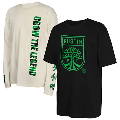 Ensemble de 2 t-shirts à manches longues et courtes Triple Dip noir/beige pour jeunes Austin FC