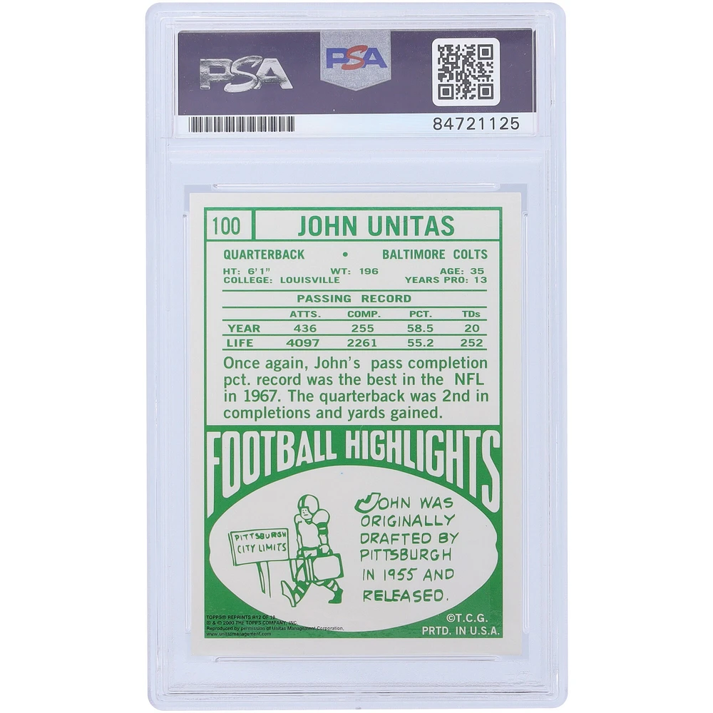 Johnny Unitas Baltimore Colts Autographed 2000 Topps Archives 1968 Reprint #100 PSA Authenticated 10 Card