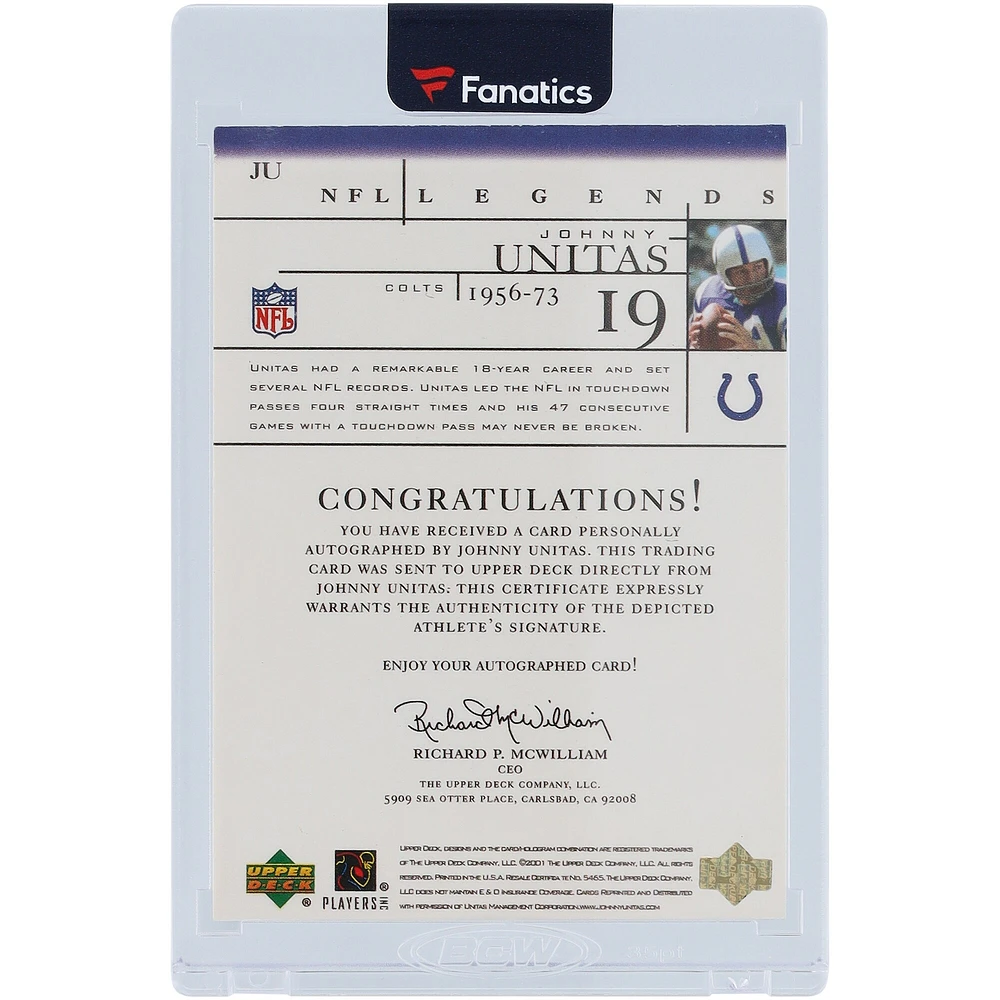 Carte Upper Deck Legends #JU autographiée par Johnny Unitas des Baltimore Colts 2001