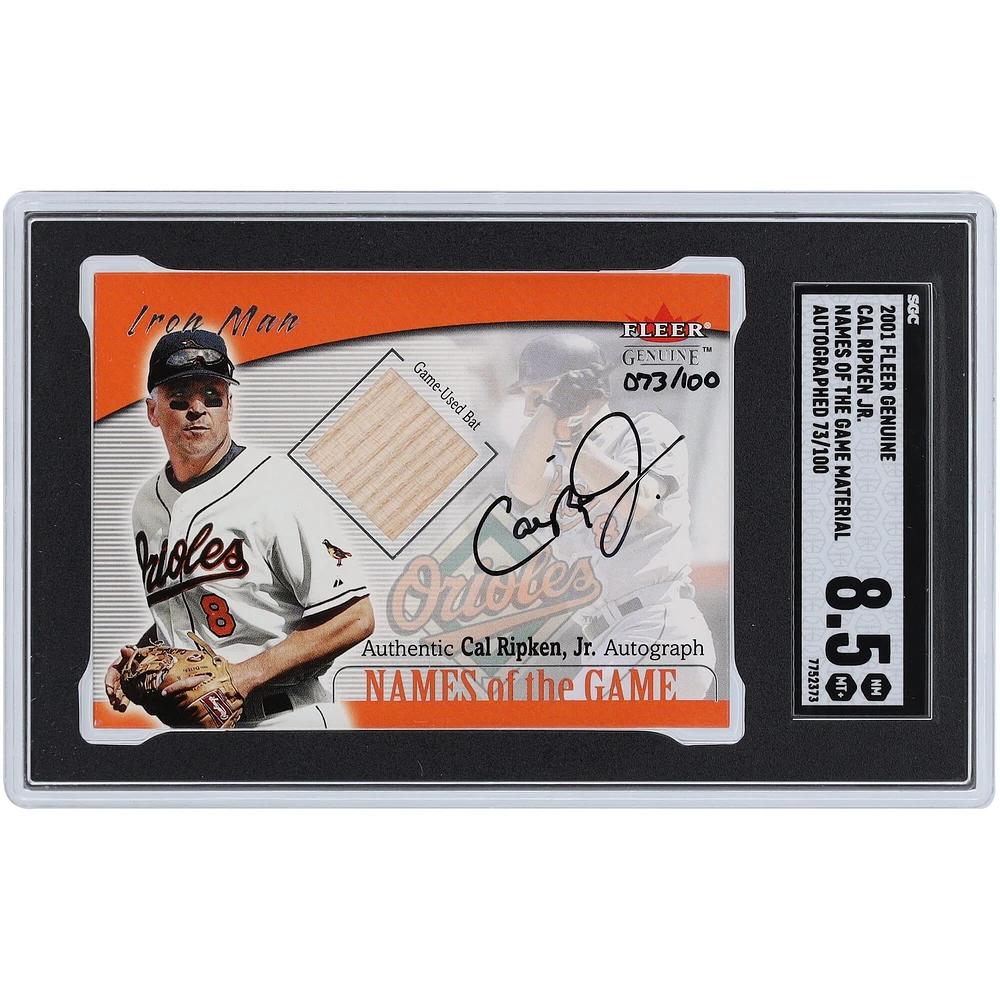 Cal Ripken Jr. Baltimore Orioles Autographed 2001 Fleer Genuine Name Of The Game Materials Bat Relic #NNO #73/100 SGC Authenticated 8.5 Card