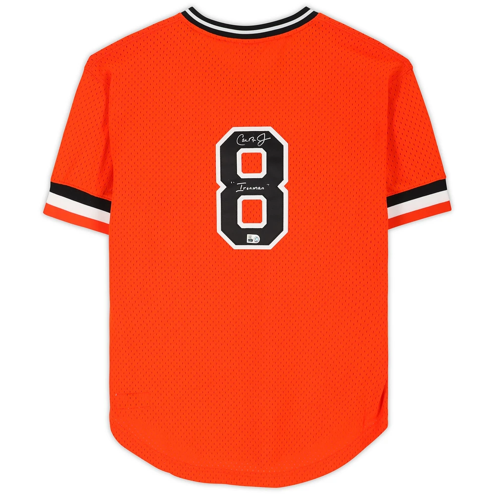 Cal Ripken Jr. Baltimore Orioles Autographed Orange Mitchell & Ness Replica Batting Practice Jersey with "Ironman" Inscription