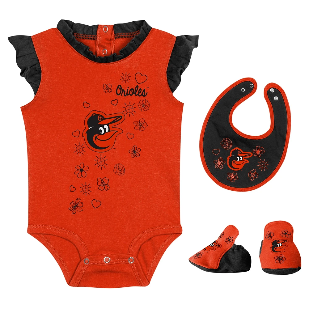 Girls Newborn & Infant Fanatics Orange Baltimore Orioles Happy Baseball Bodysuit, Bib Bootie Set