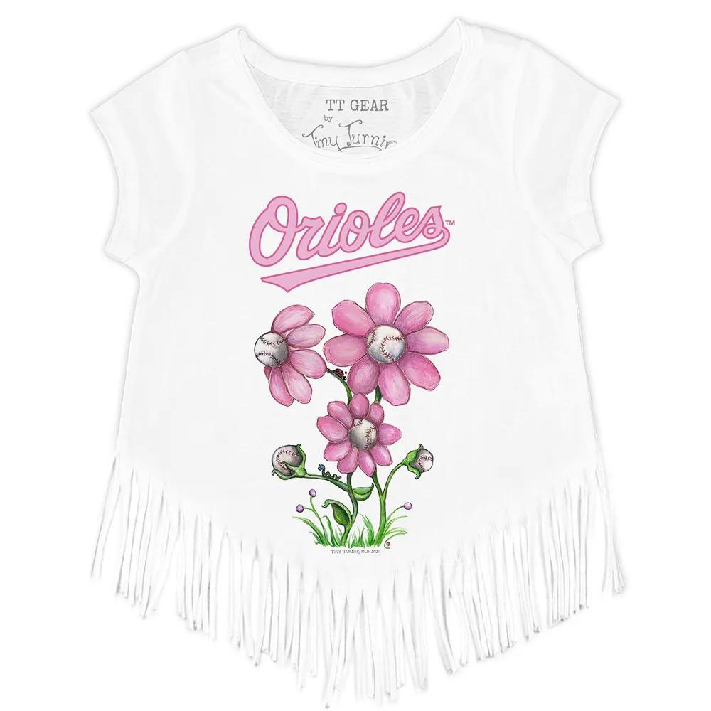 Girls Youth Tiny Turnip White Baltimore Orioles Baseball Love Fringe T-Shirt Size: Medium