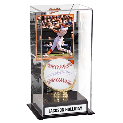 Vitrine de présentation de gants de baseball autographiés et de gants dorés sublimés des Orioles de Baltimore de Jackson Holliday avec image