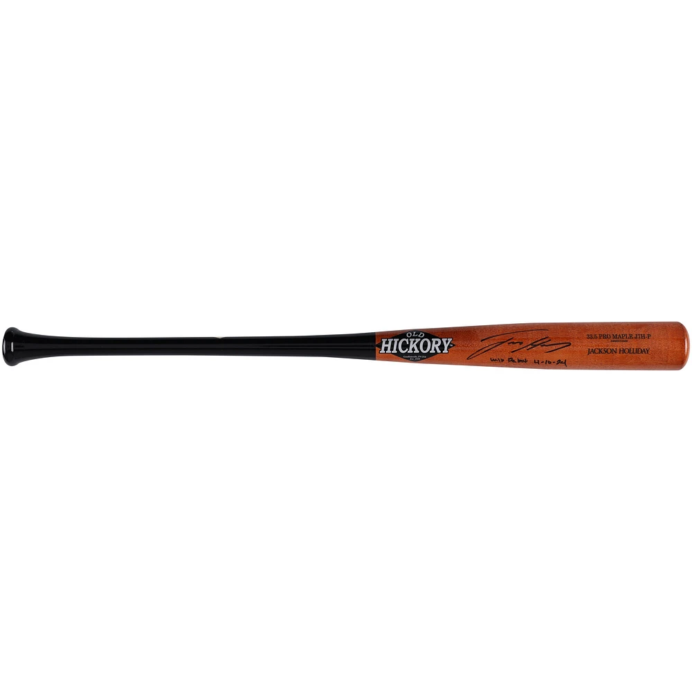 Batte de baseball autographiée par Jackson Holliday Baltimore Orioles, modèle réduit de jeu en vieux hickory, avec inscription « MLB Debut 4-10-24 »