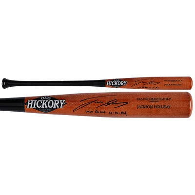 Batte de baseball autographiée par Jackson Holliday Baltimore Orioles, modèle réduit de jeu en vieux hickory, avec inscription « MLB Debut 4-10-24 »