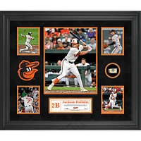 Collage encadré de 5 photos de Jackson Holliday des Orioles de Baltimore avec un morceau de ballon utilisé lors du match