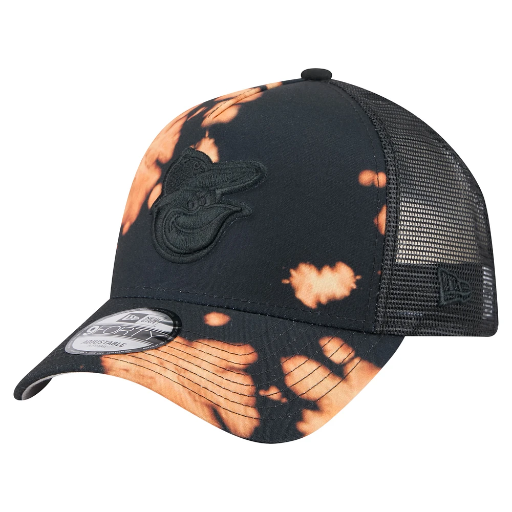 Men's New Era Black Baltimore Orioles Bleached A-Frame 9FORTY Adjustable Hat