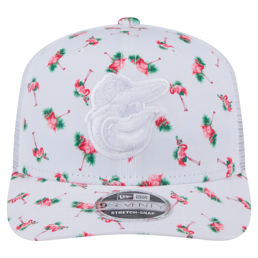 Men's New Era  White Baltimore Orioles Flamingo Mesh Back 9SEVENTY Stretch-Snap Hat