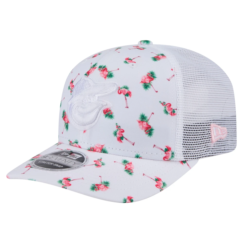 Men's New Era White Baltimore Orioles Flamingo Mesh Back 9SEVENTY Stretch-Snap Hat
