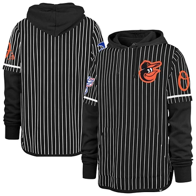 Men's '47  Black Baltimore Orioles Pinstripe Double Header Pullover Hoodie