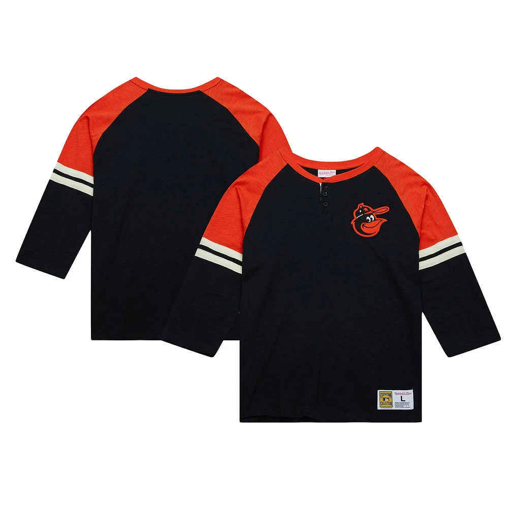 T-shirt à manches 3/4 légendaire Raglan Slub Henley de la collection Cooperstown des Orioles Baltimore noir Mitchell & Ness pour hommes