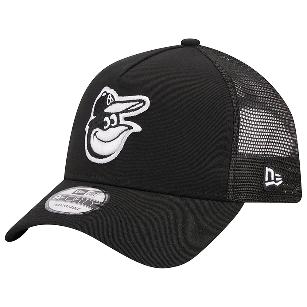 Men's New Era Black Baltimore Orioles A-Frame 9FORTY Trucker Adjustable Hat
