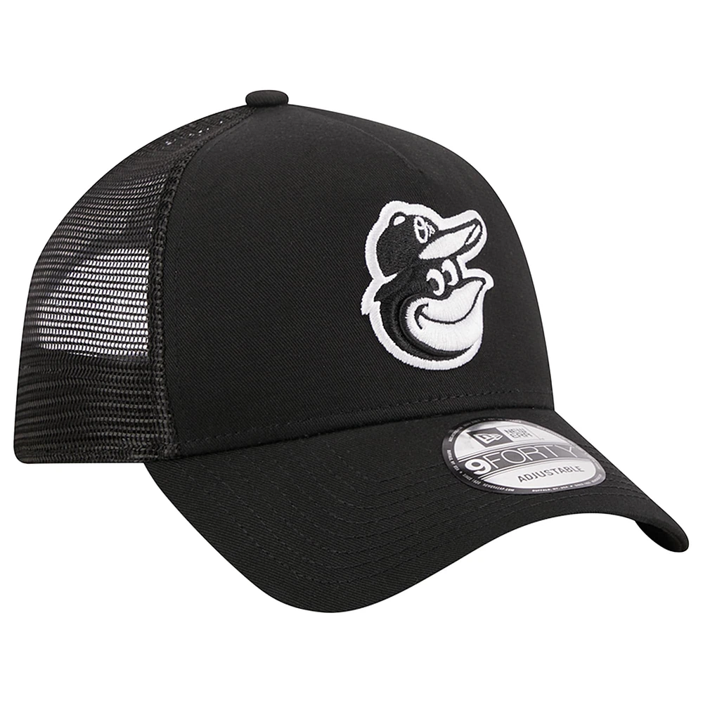 Men's New Era Black Baltimore Orioles A-Frame 9FORTY Trucker Adjustable Hat