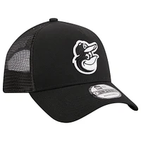 Men's New Era Black Baltimore Orioles A-Frame 9FORTY Trucker Adjustable Hat
