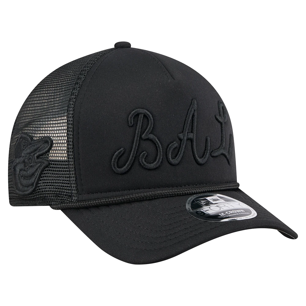 Men's New Era Black Baltimore Orioles City Initial 9FORTY A-Frame M-Crown Adjustable Trucker Hat