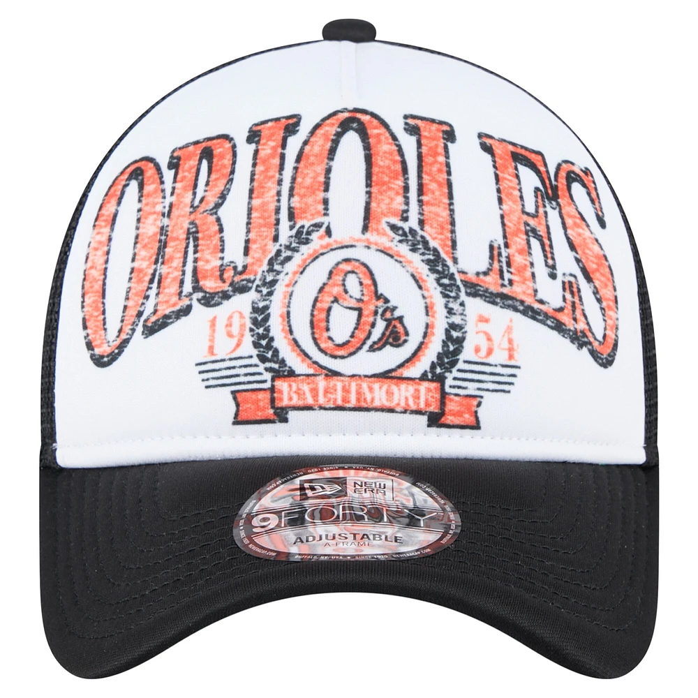 Men's New Era  Black Baltimore Orioles Distressed 9FORTY A-Frame Adjustable Trucker Hat