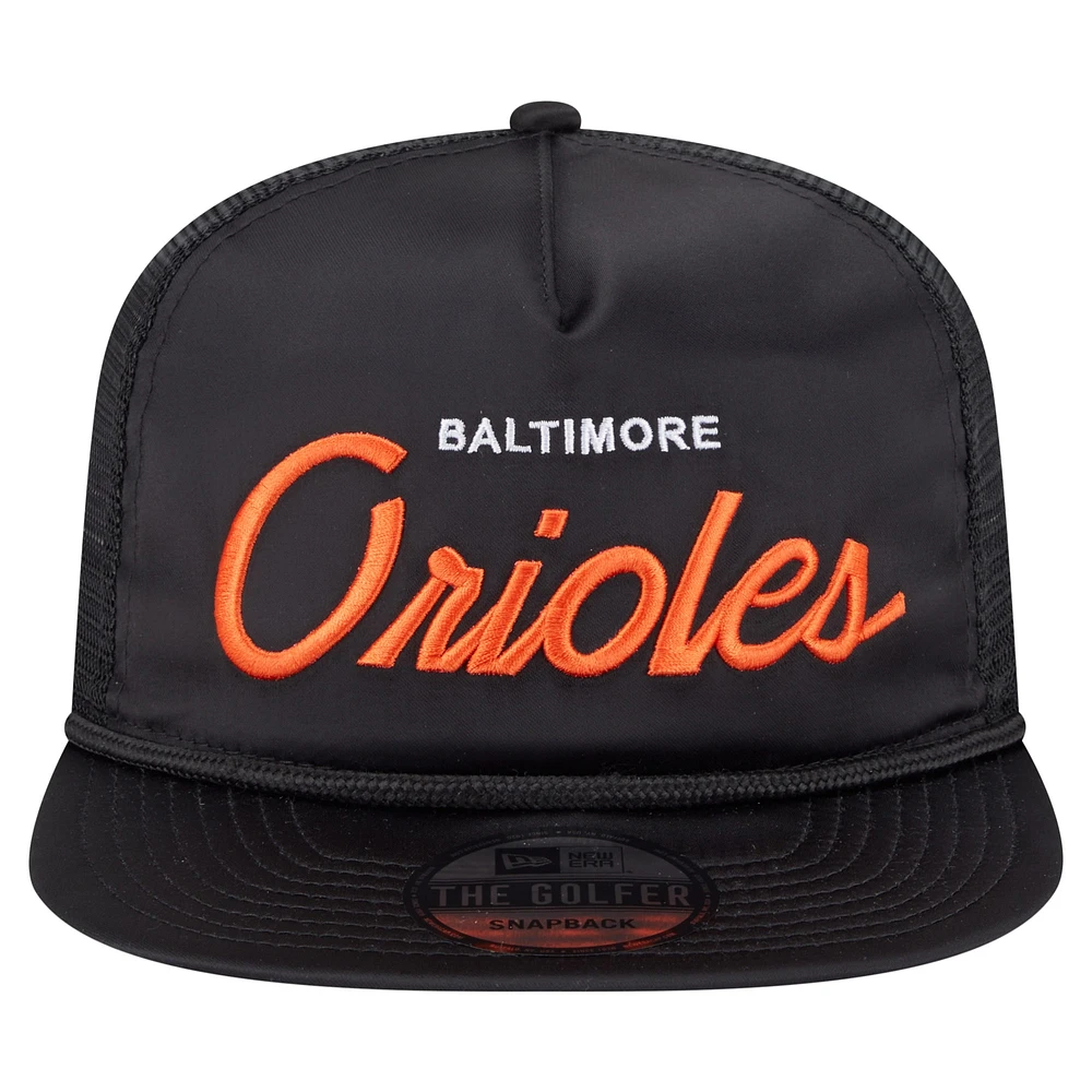 Men's New Era Black Baltimore Orioles Retro Satin Script Golfer Adjustable Hat