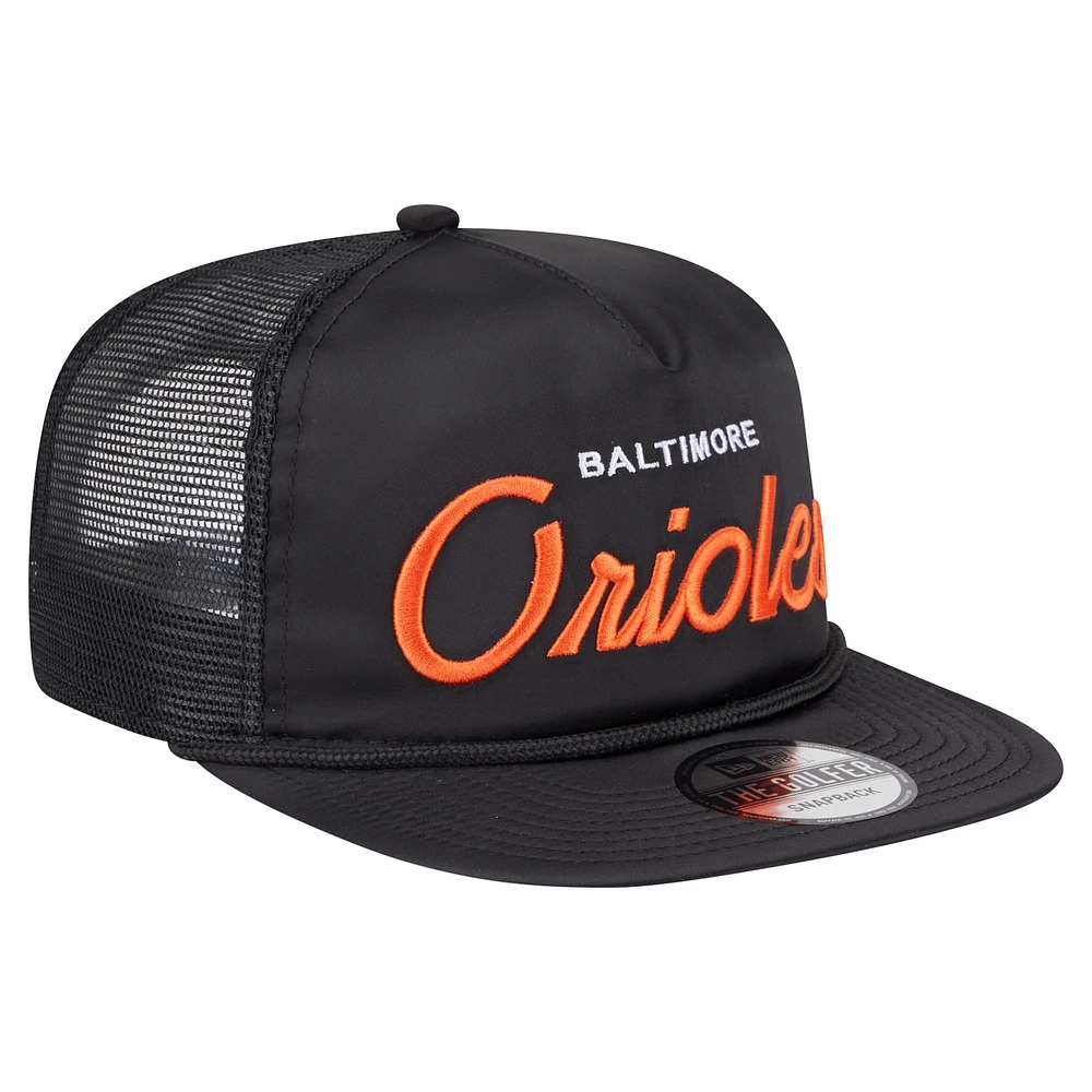 Men's New Era Black Baltimore Orioles Retro Satin Script Golfer Adjustable Hat
