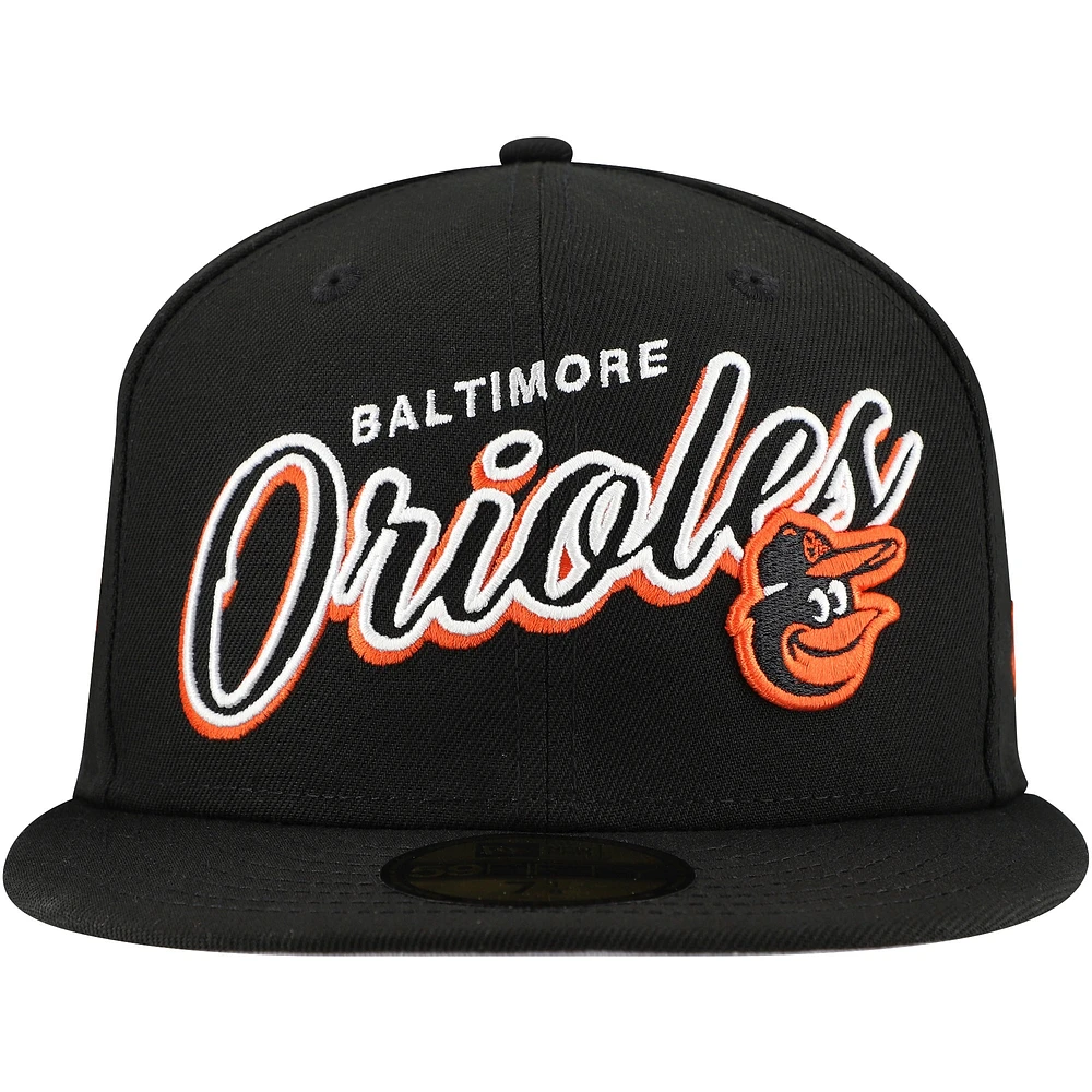 Men's New Era Black Baltimore Orioles Script Sided 59FIFTY Fitted Hat