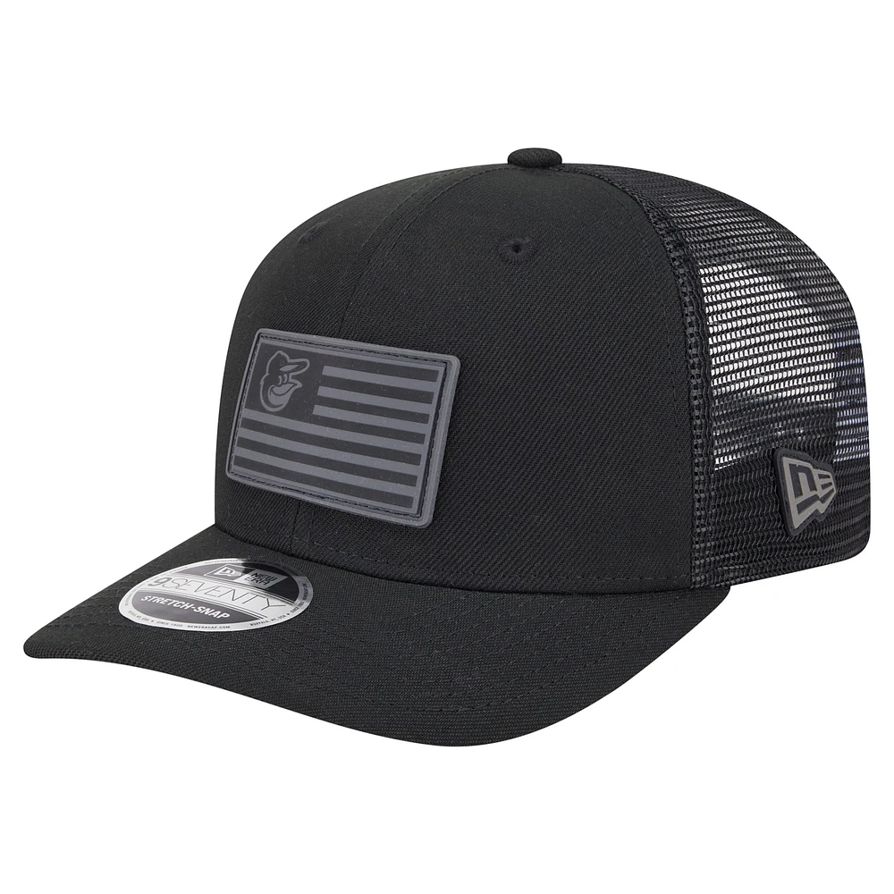 Men's New Era Black Baltimore Orioles Tonal Flag 9SEVENTY Stretch-Snap Hat