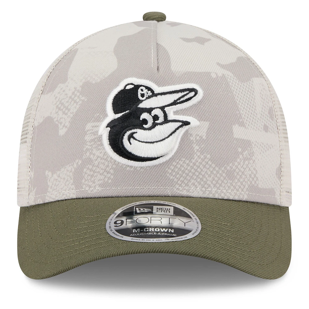 Men's New Era Light Beige/Olive Baltimore Orioles 2025 Armed Forces Day 9FORTY M-Crown A-Frame Adjustable Hat