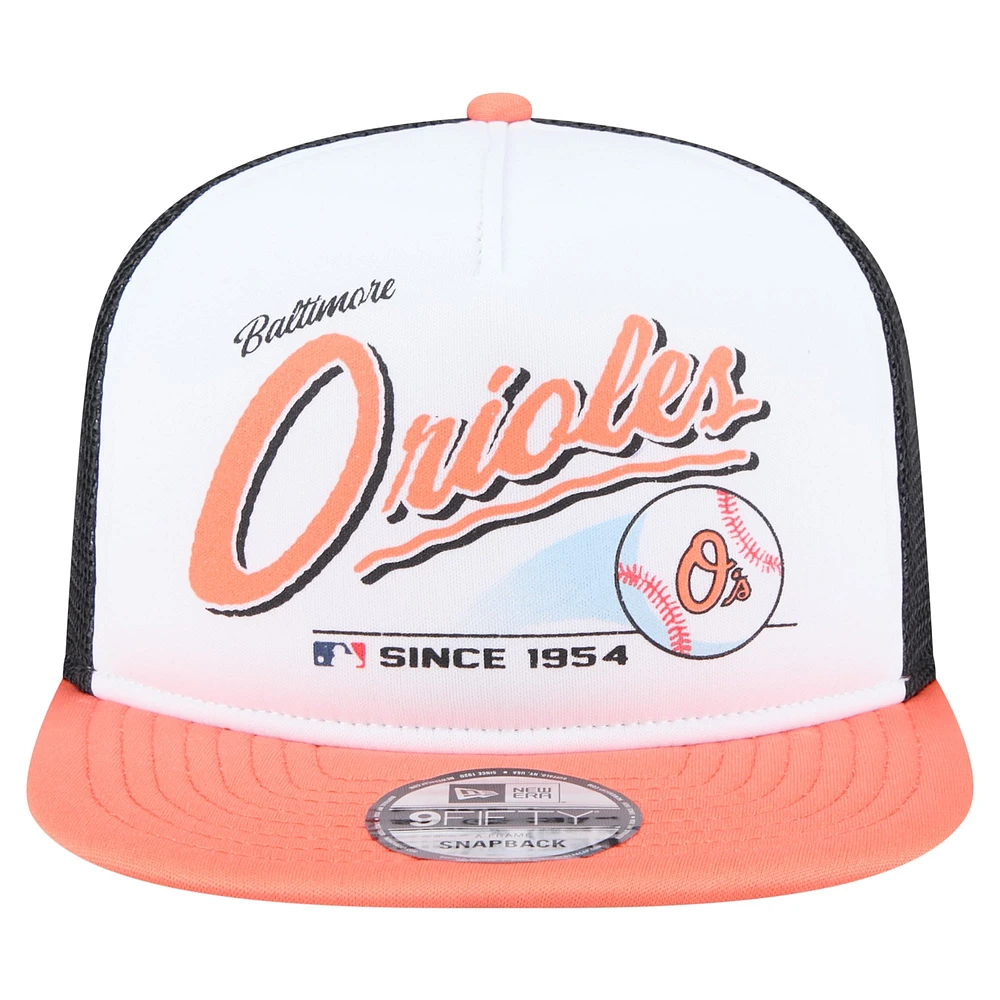 Men's New Era White/Orange Baltimore Orioles Retro Script Trucker 9FIFTY Snapback Hat