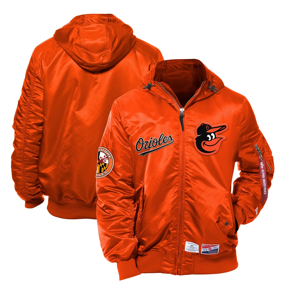 Men's New Era x Alpha Industries Orange Baltimore Orioles Current Day Full-Zip Hooded Nylon Bomber Jacket