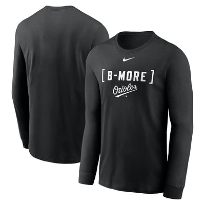 T-shirt à manches longues Nike noir pour homme avec surnom local des Orioles de Baltimore