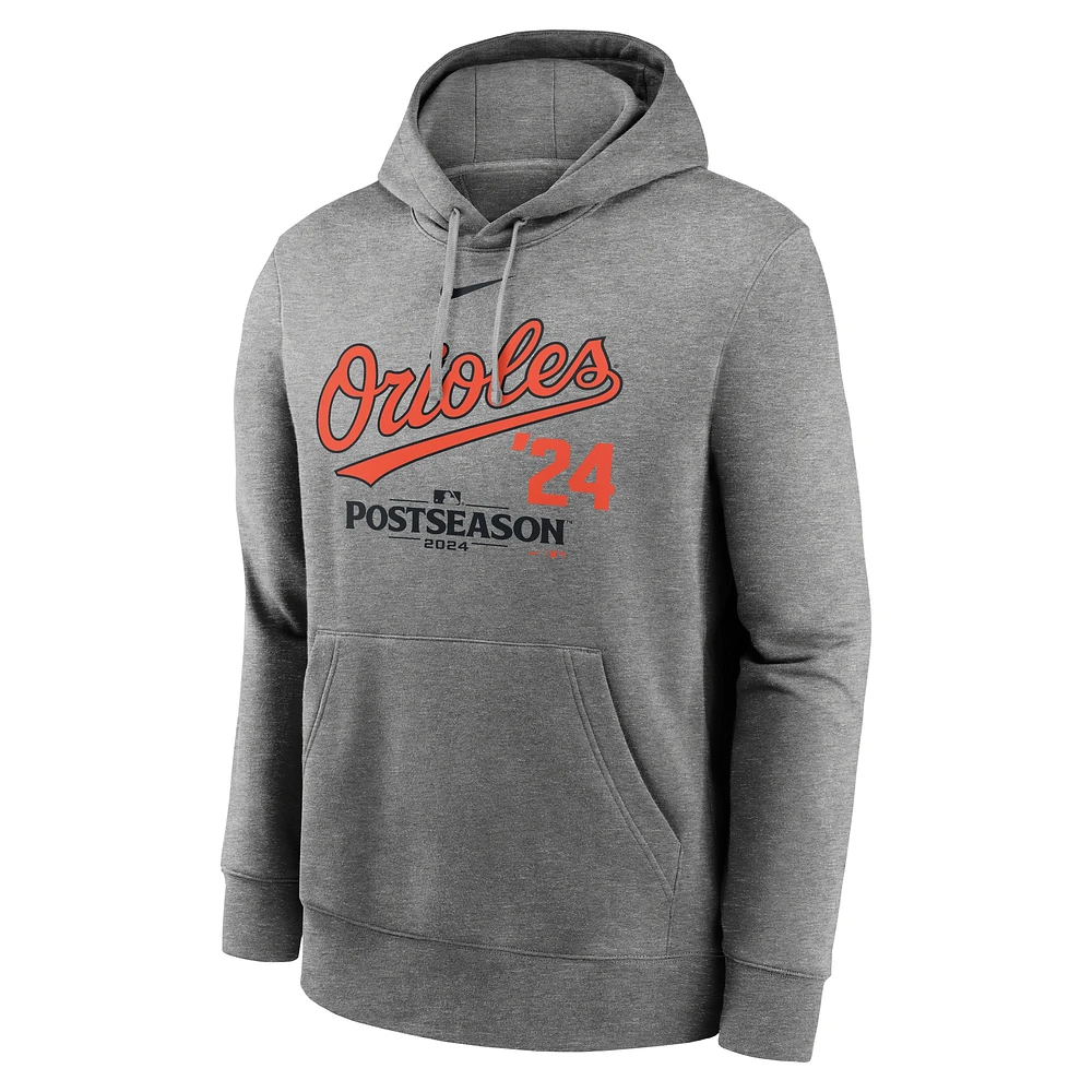 Men's Nike  Heather Charcoal Baltimore Orioles 2024 MLB Postseason Lockup Club Fleece Pullover Hoodie