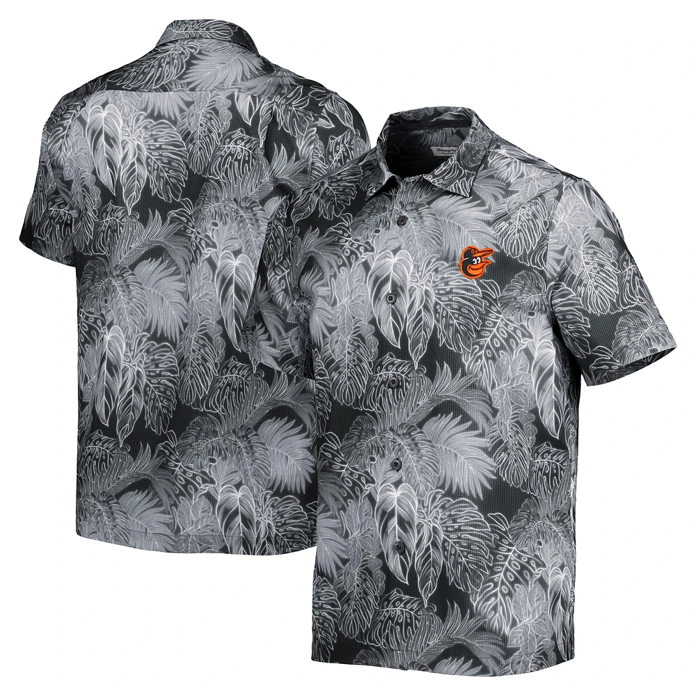 Chemise de camp boutonnée Tommy Bahama noire pour hommes des Orioles Baltimore Coast Luminescent Fronds IslandZone