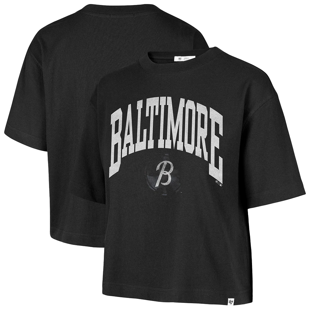 T-shirt court noir à épaules tombantes City Connect Shale pour femme, édition 1947, Baltimore Orioles