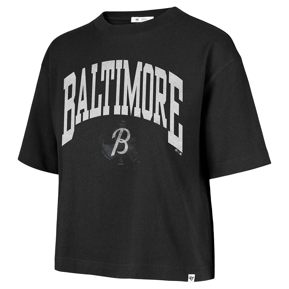 T-shirt court noir à épaules tombantes City Connect Shale pour femme, édition 1947, Baltimore Orioles