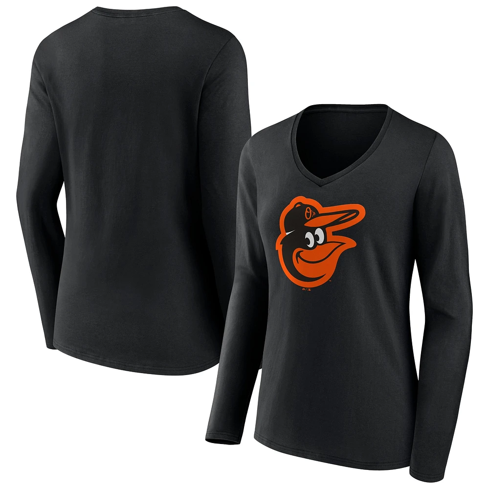 T-shirt noir à manches longues et col en V avec logo officiel des Orioles de Baltimore Fanatics pour femmes