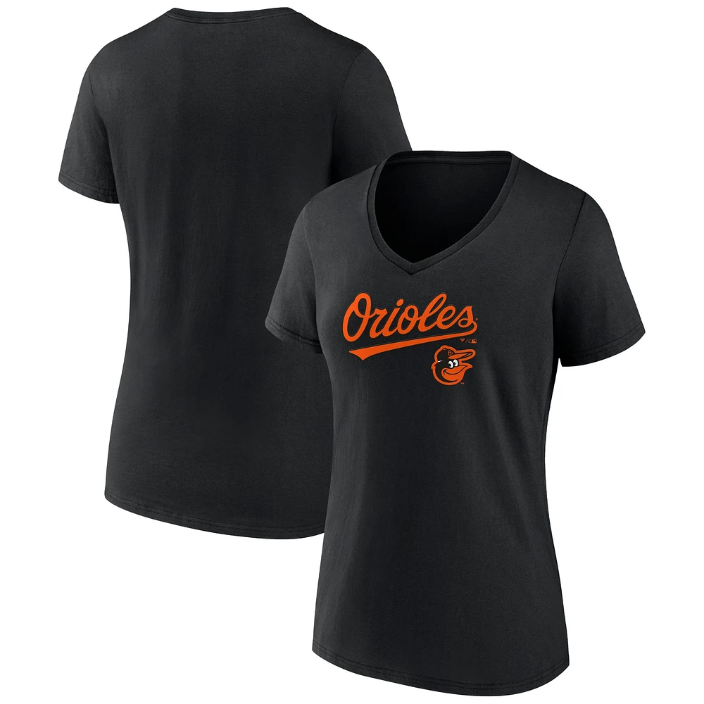 T-shirt noir à col en V Fanatics pour femmes des Orioles de Baltimore