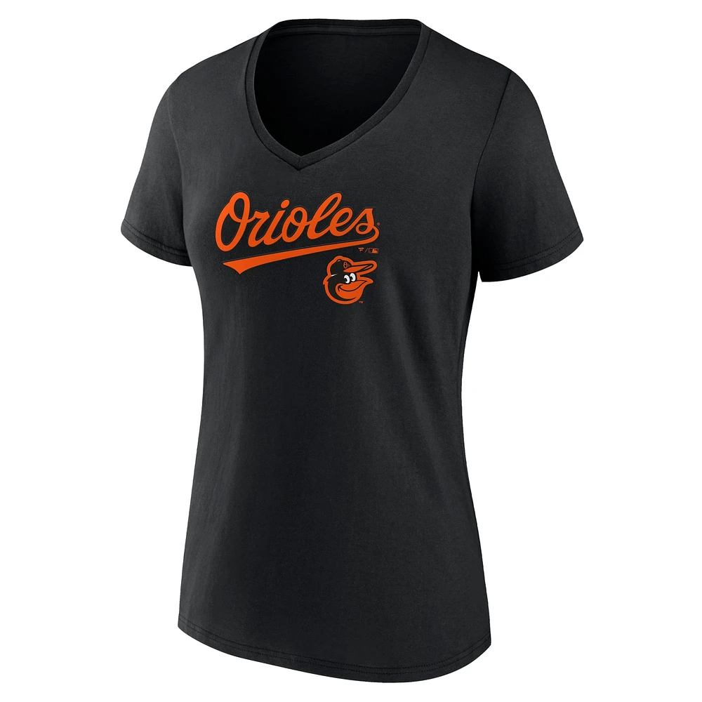 T-shirt noir à col en V Fanatics pour femmes des Orioles de Baltimore