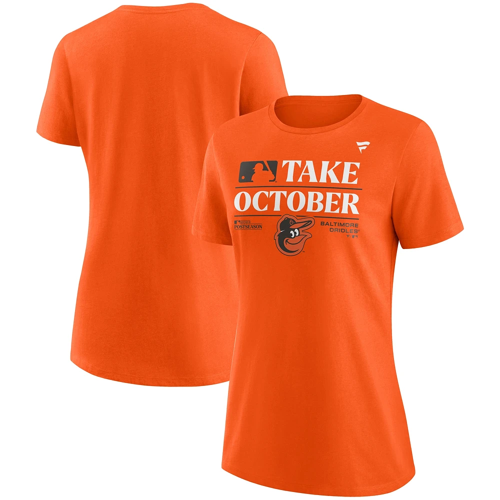 T-shirt orange Fanatics pour femmes Orioles de Baltimore 2023 Post-saison Vestiaire à encolure dégagée